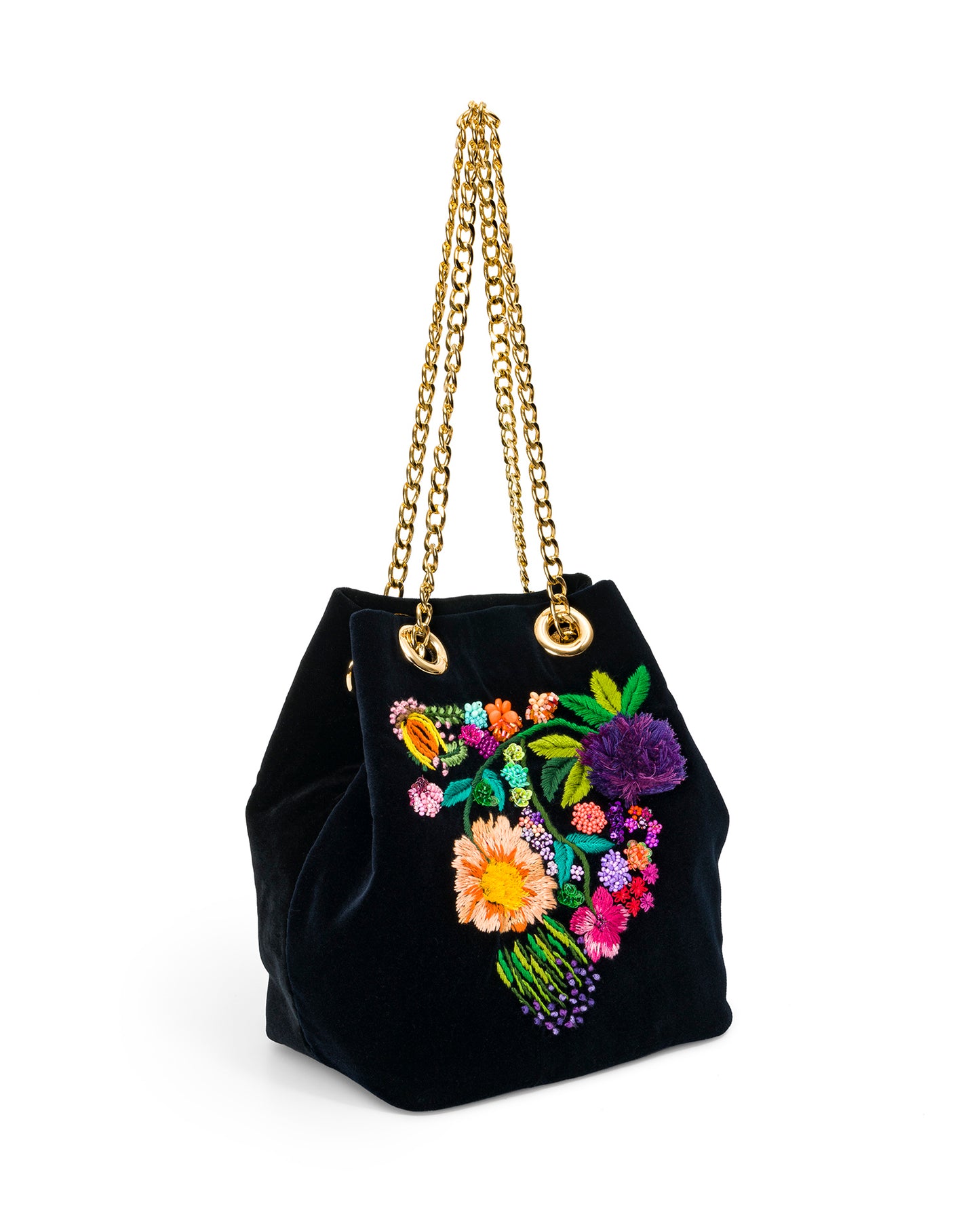 Dark Blue and Black Velvet Bag With Hand-embroidered Flowers