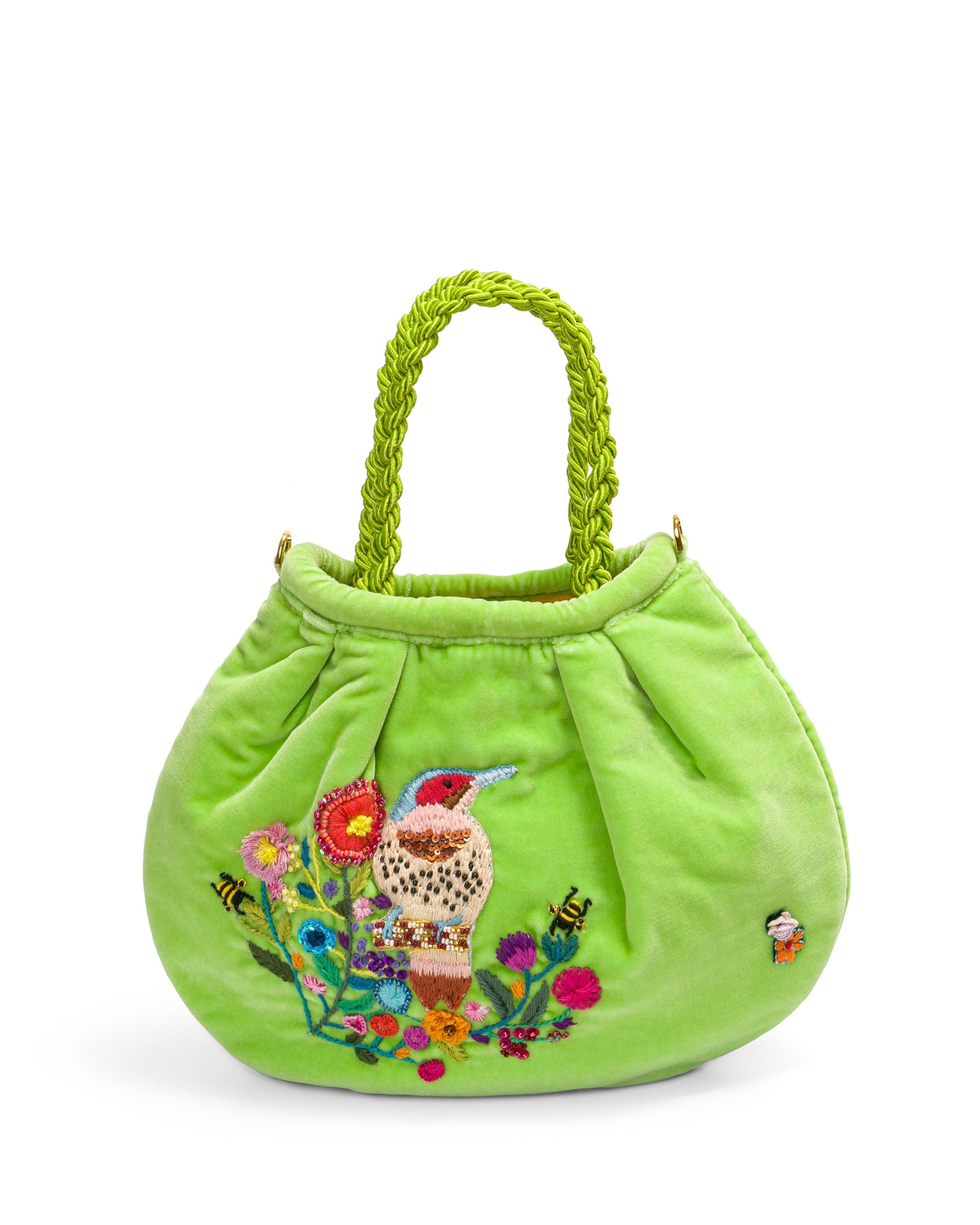 Green Apple Velvet Bag With Hand-embroidered Bird