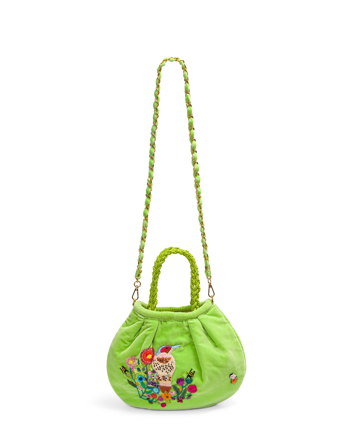 Green Apple Velvet Bag With Hand-embroidered Bird