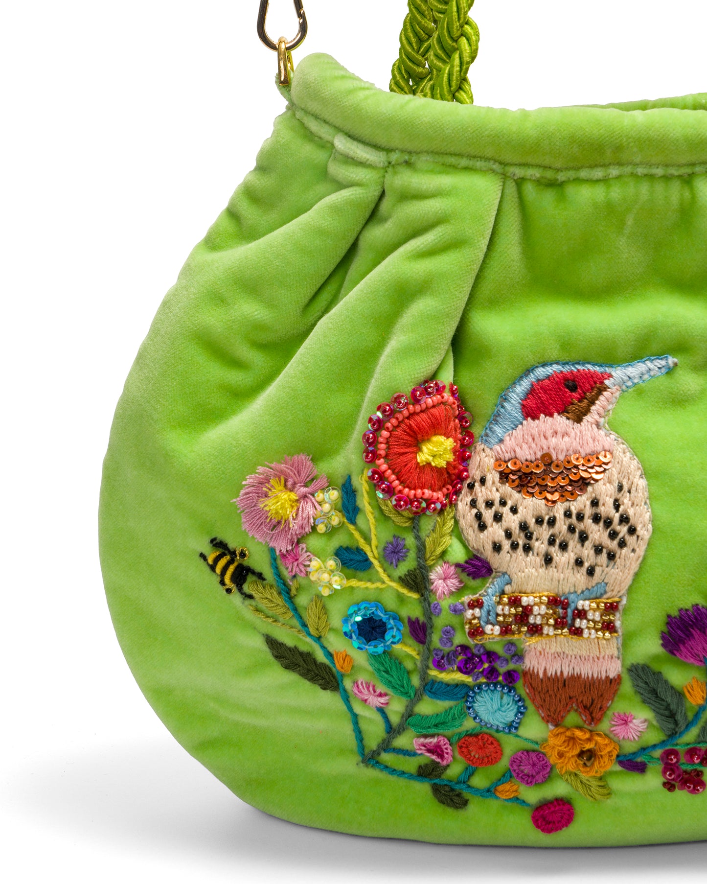 Green Apple Velvet Bag With Hand-embroidered Bird