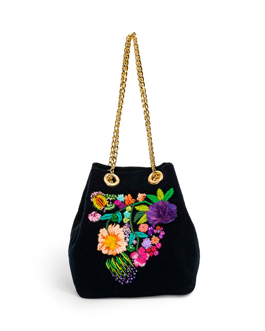 Black Dark Blue Velvet Bag With Hand-embroidered Flowers