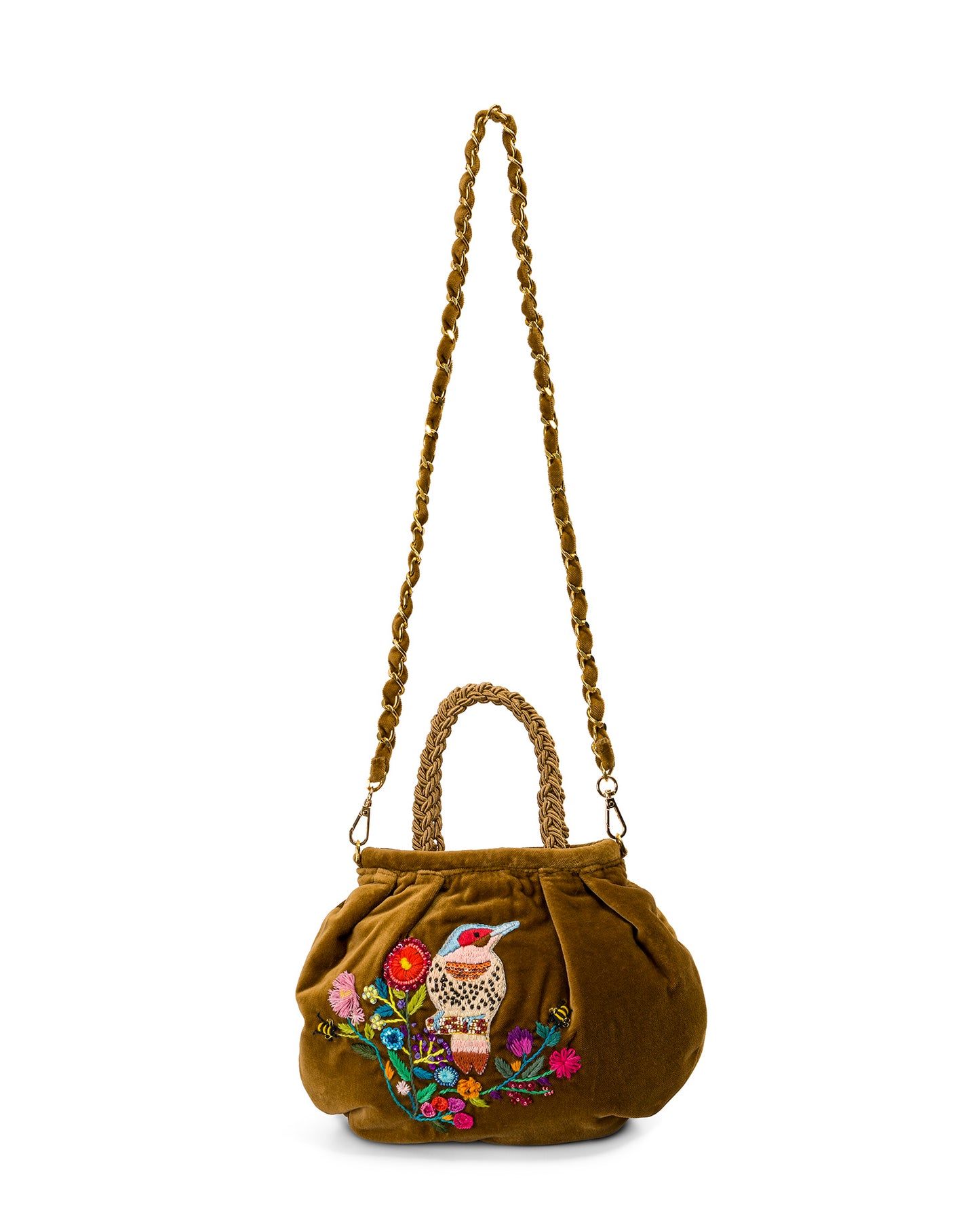 Camel Velvet Bag With Hand-embroidered Bird