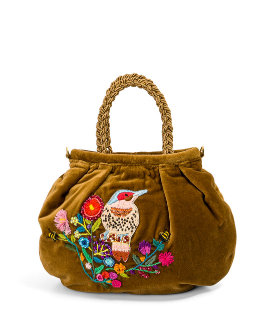 Camel Velvet Bag With Hand-embroidered Bird