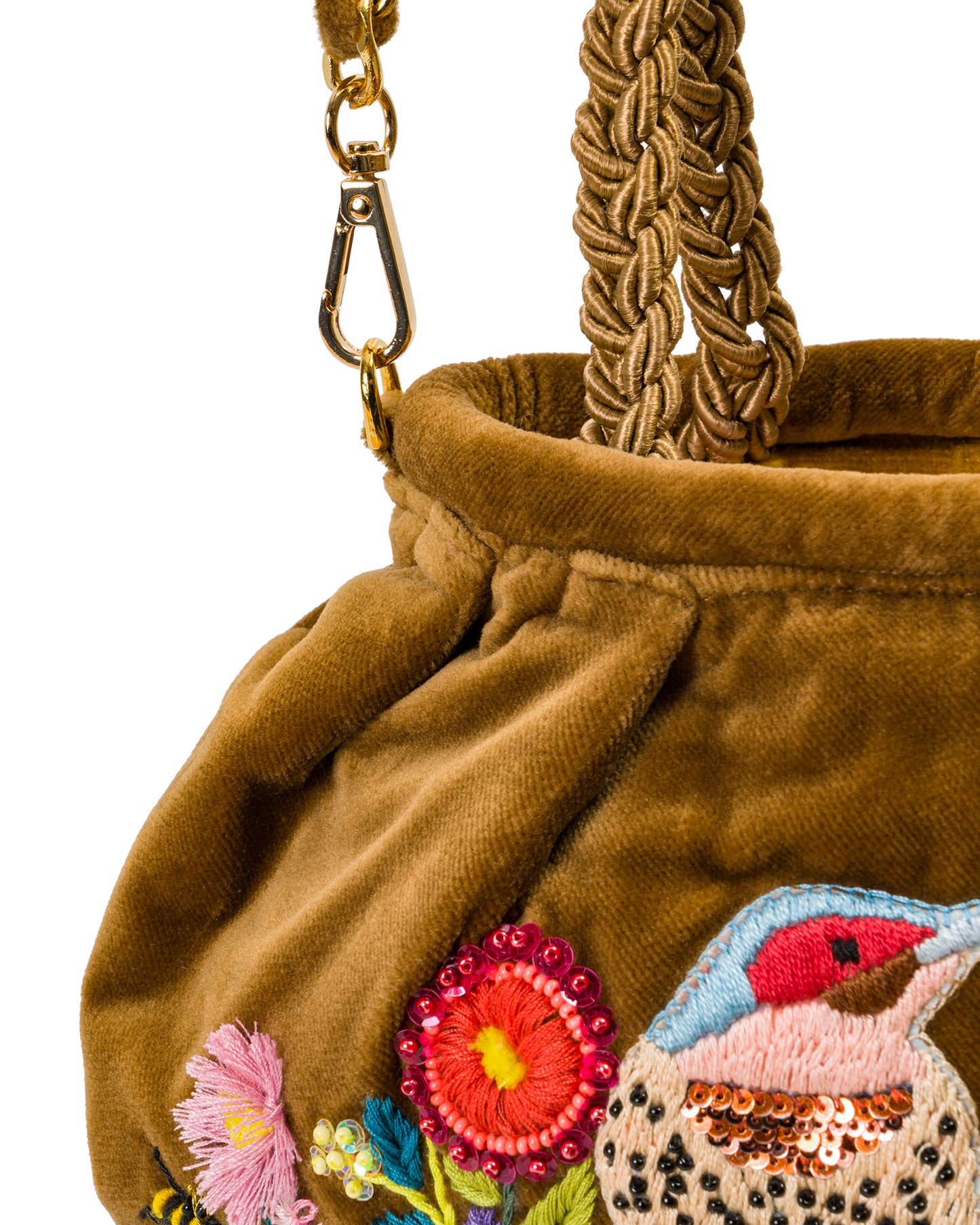 Camel Velvet Bag With Hand-embroidered Bird