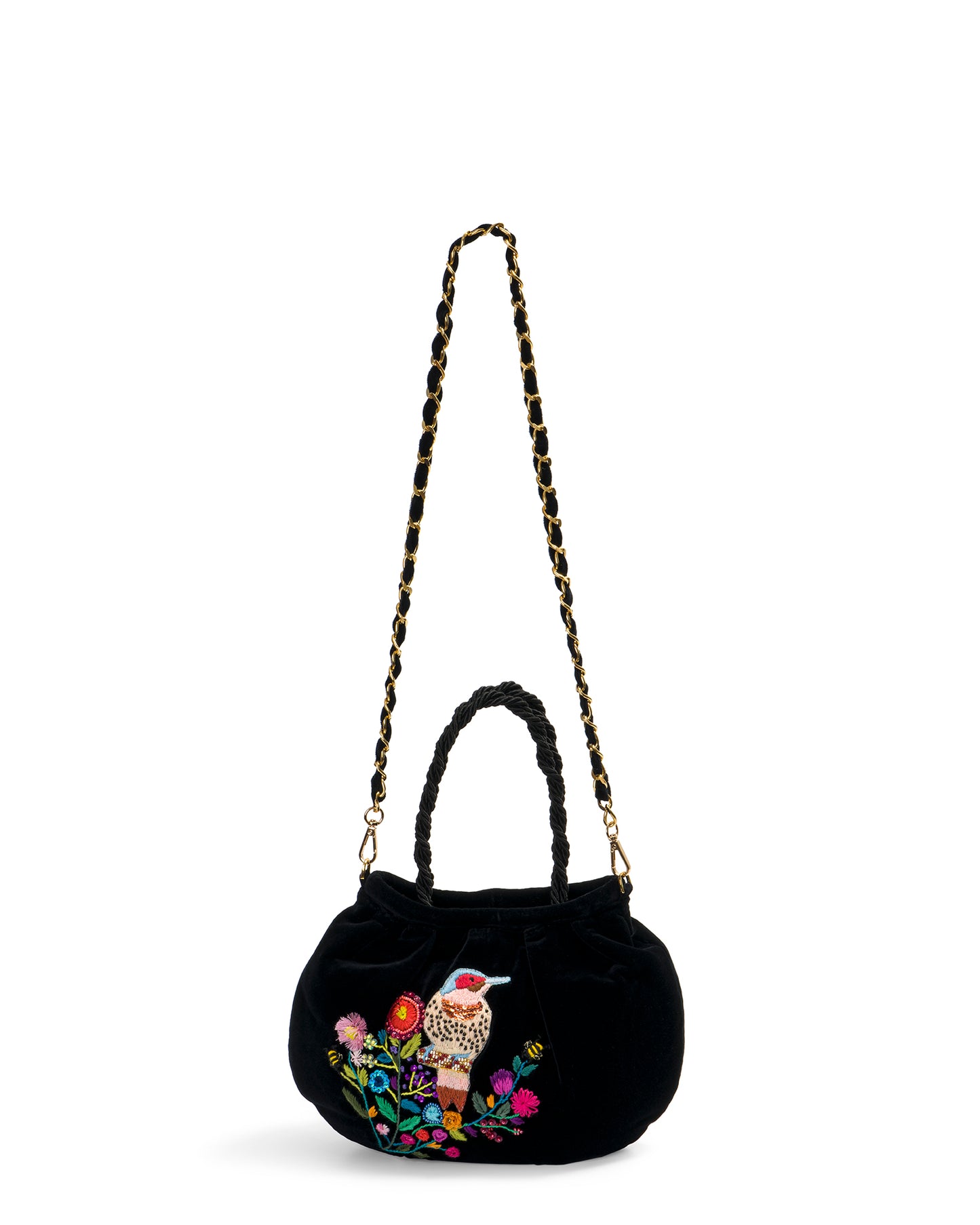 Black Velvet Bag With Hand-embroidered Bird