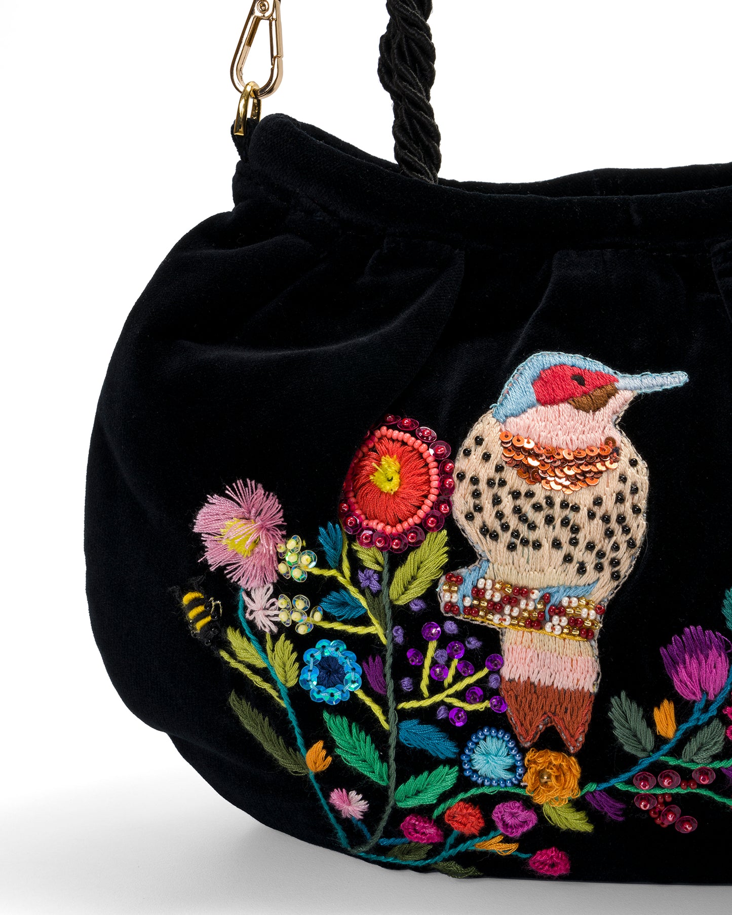 Black Velvet Bag With Hand-embroidered Bird