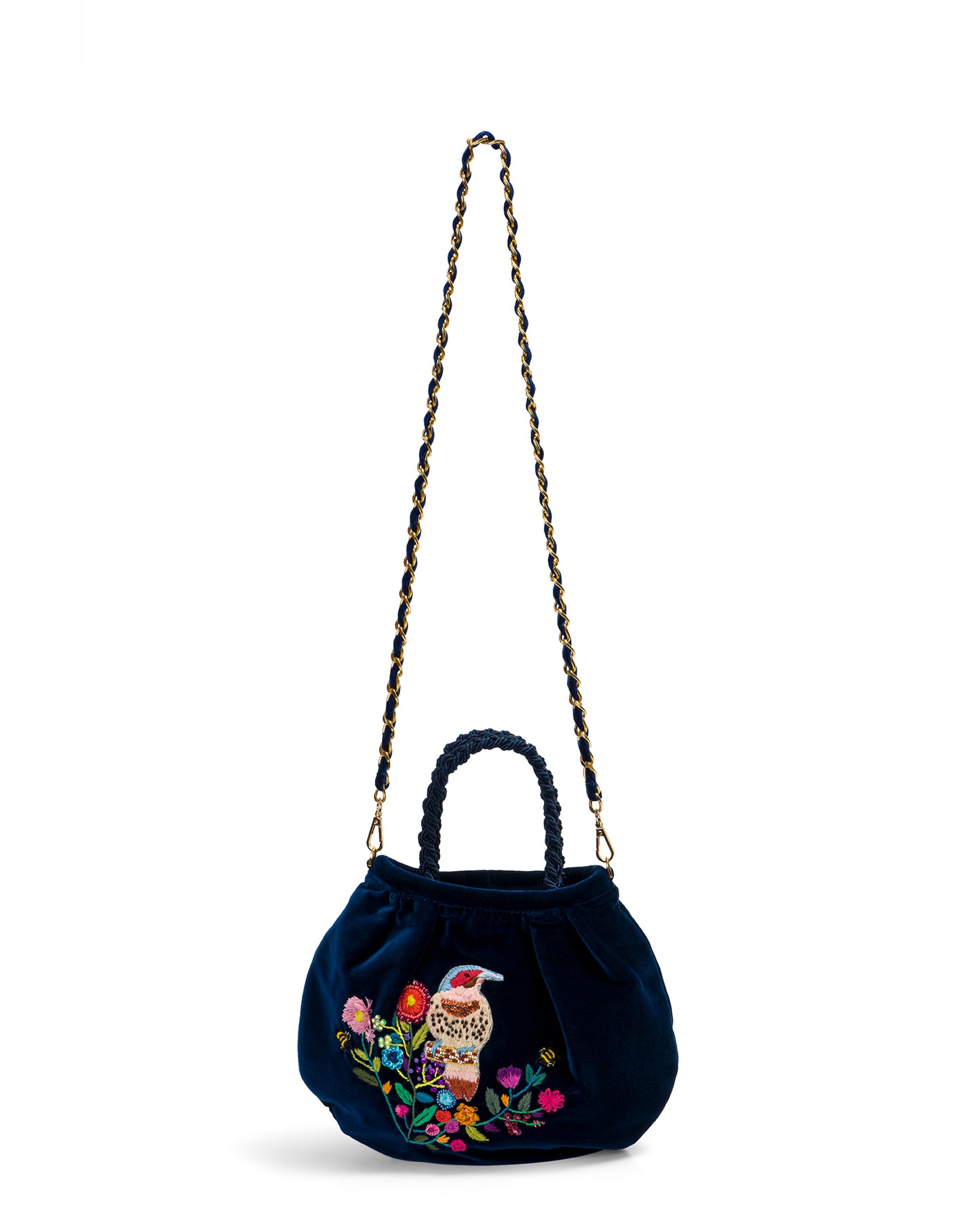 Sunset Blue Velvet Bag With Hand-Embroidered Bird