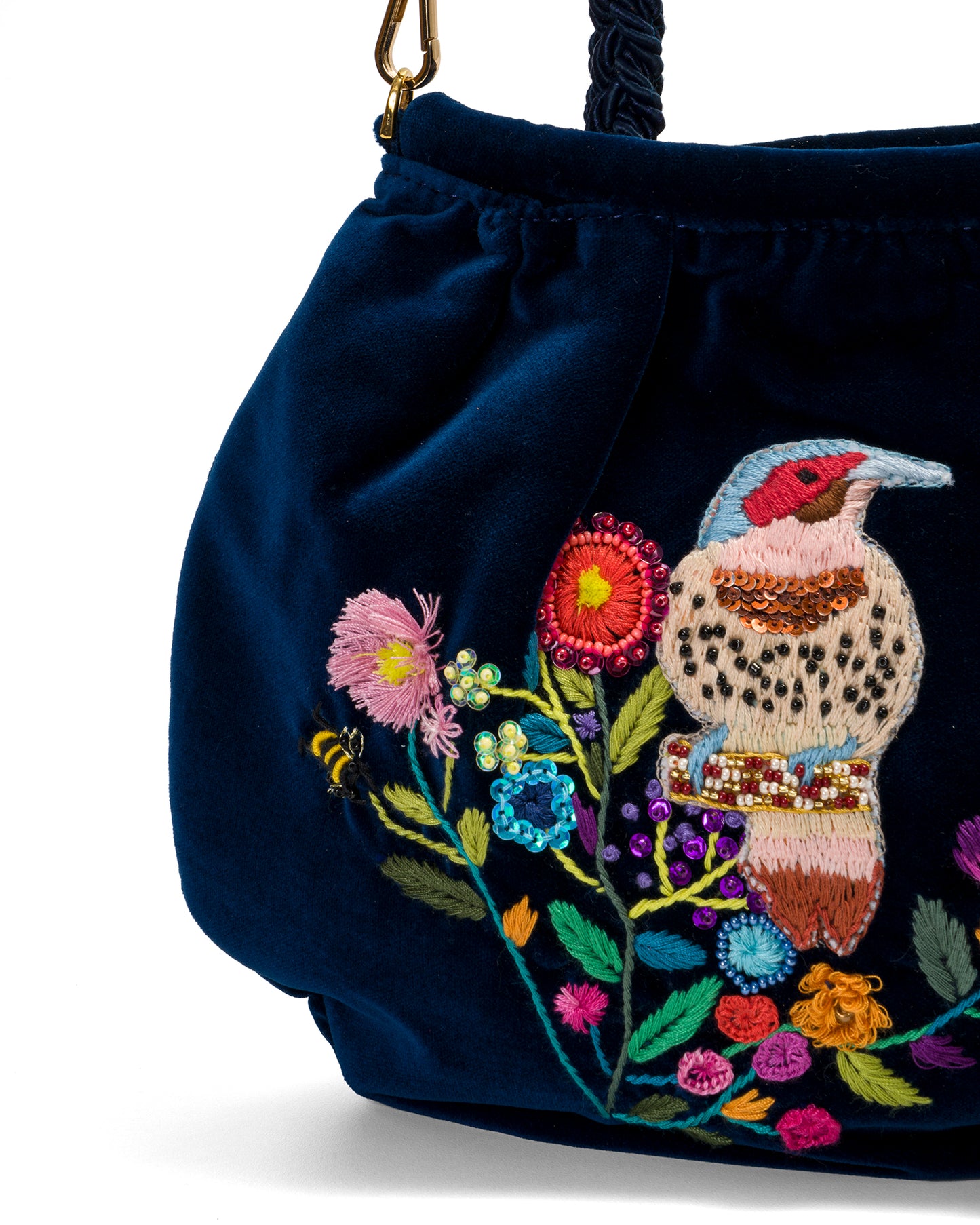 Sunset Blue Velvet Bag With Hand-Embroidered Bird