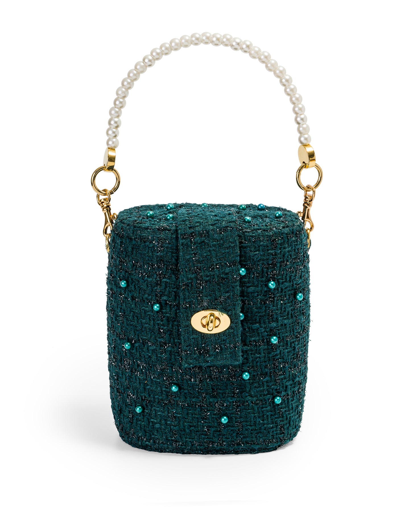 Bolso Baúl Tweed con Perlas en Verde Esmeralda