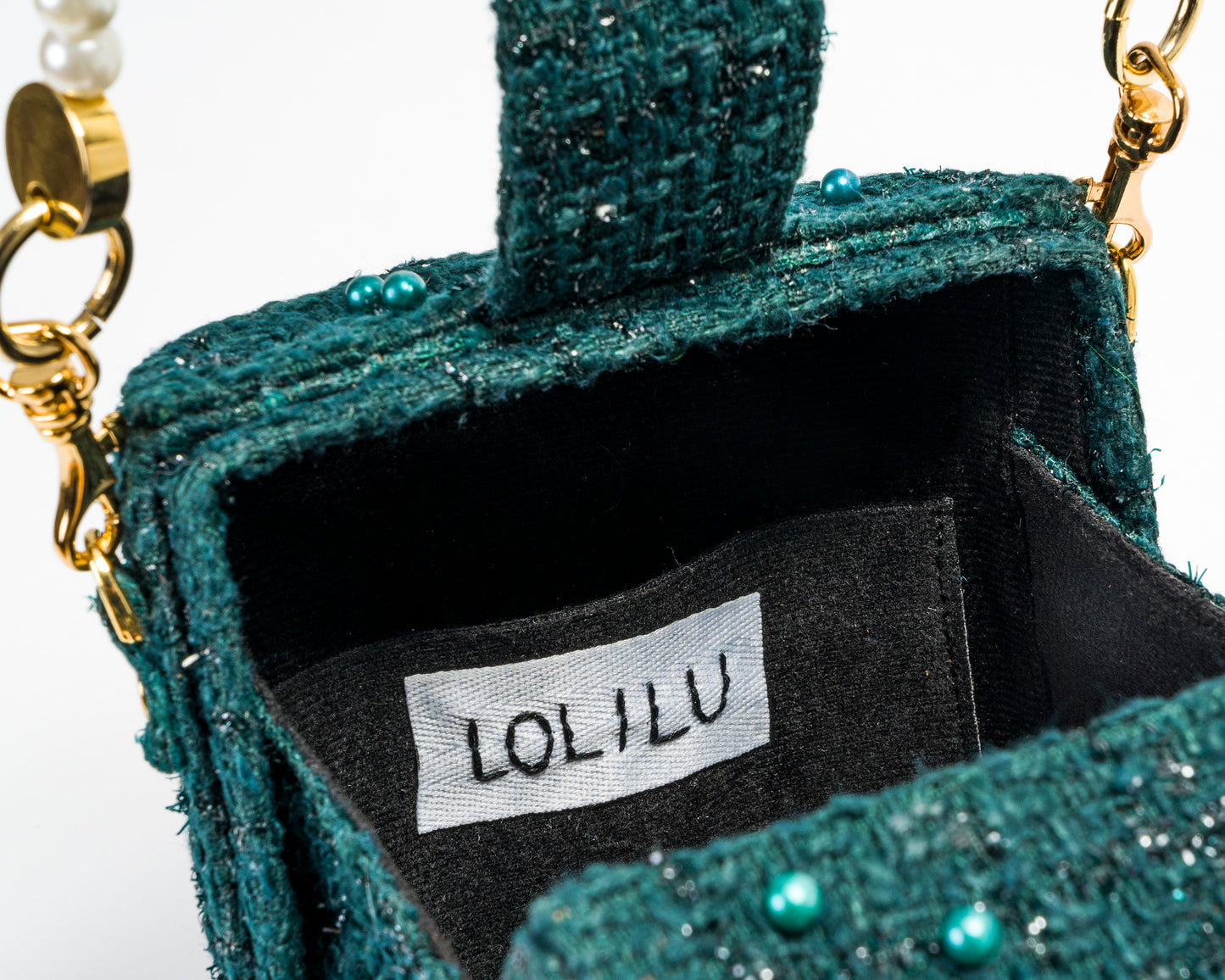 Trunk Bag In Emerald Green Tweed With Pearls