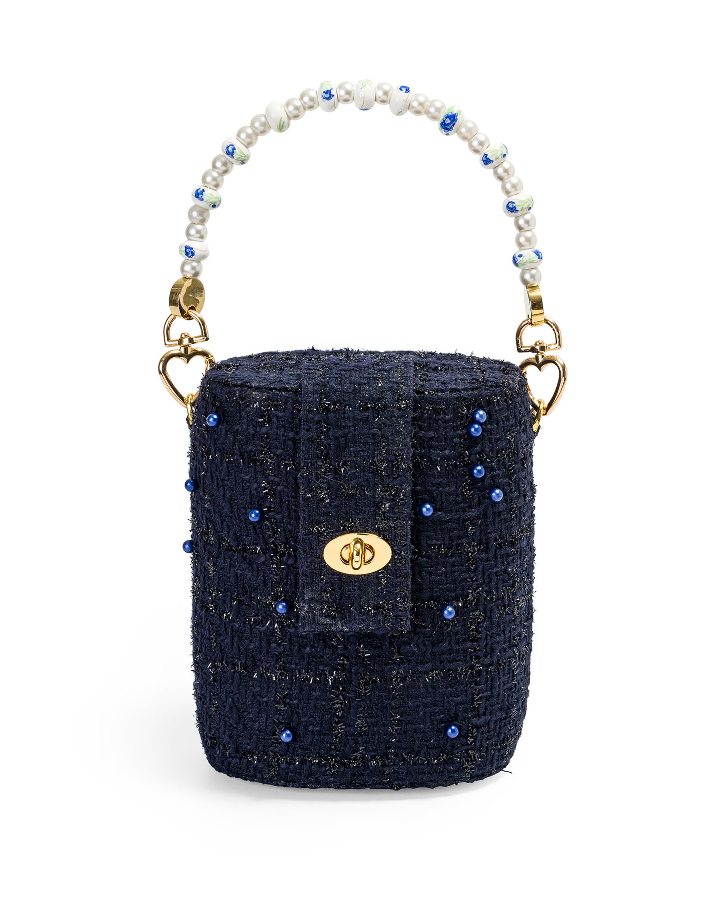 Trunk Bag in Navy Blue Tweed with Pearls