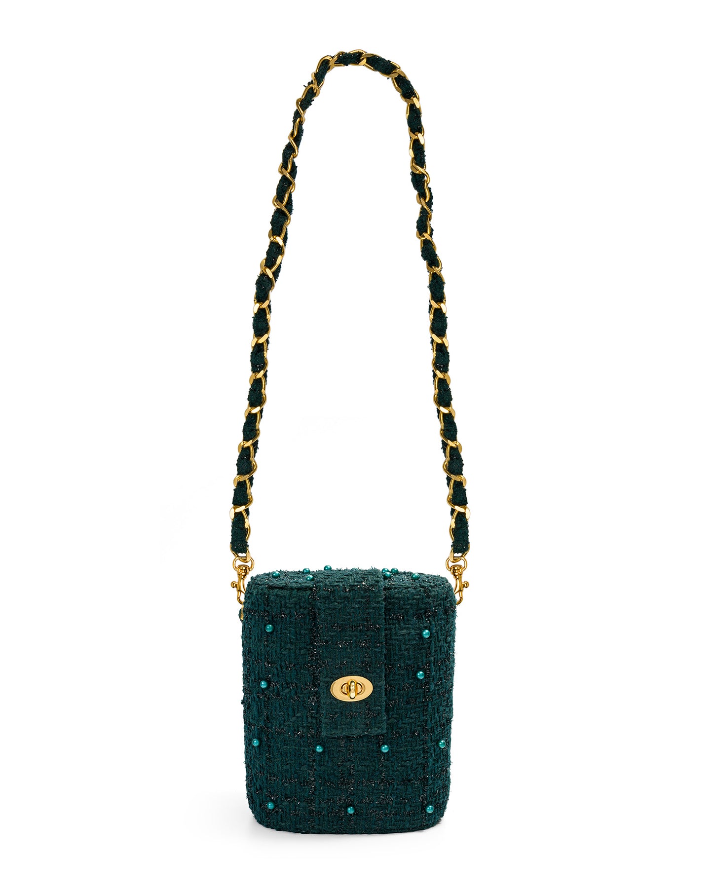 Bolso Baúl Tweed con Perlas en Verde Esmeralda