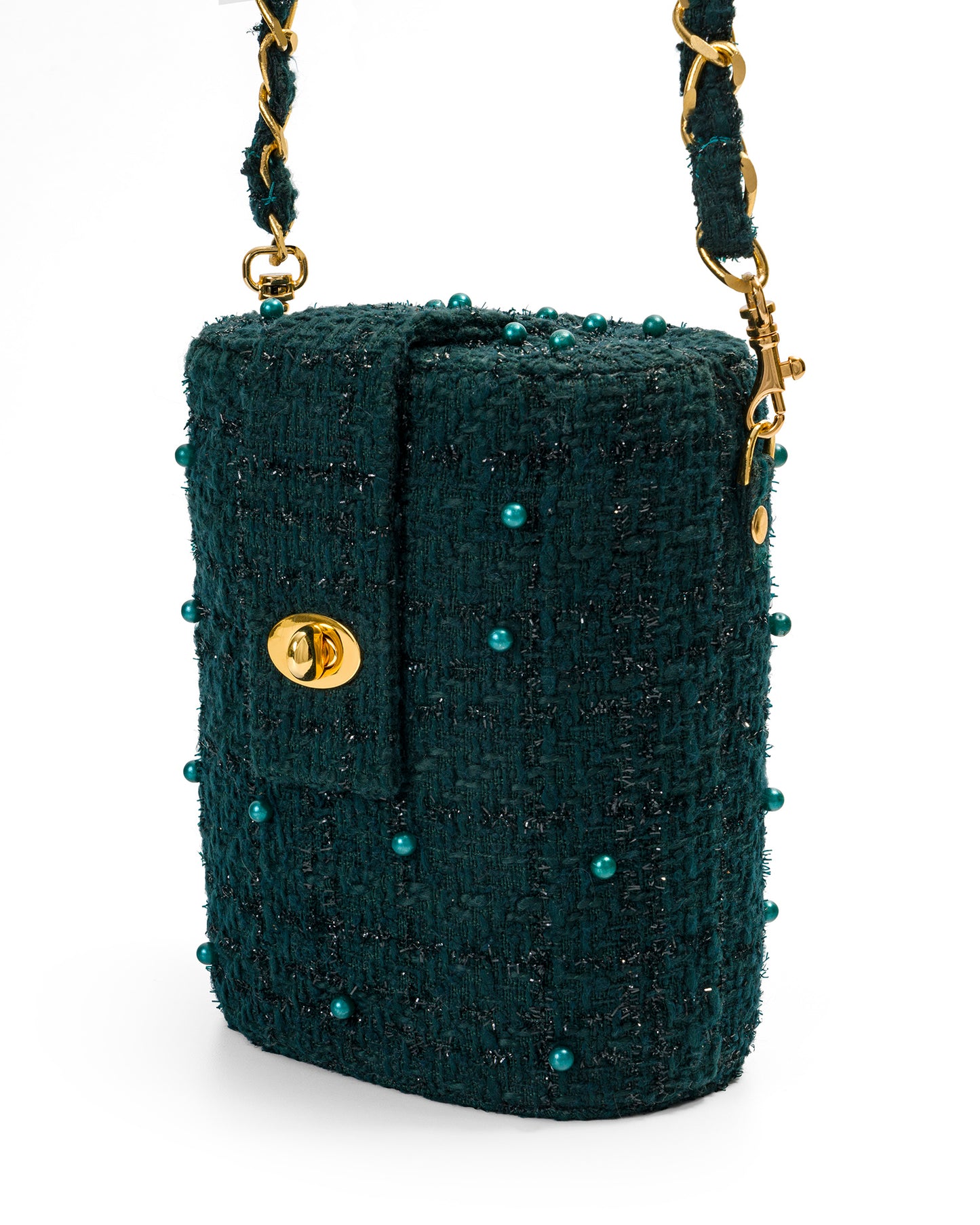 Bolso Baúl Tweed con Perlas en Verde Esmeralda