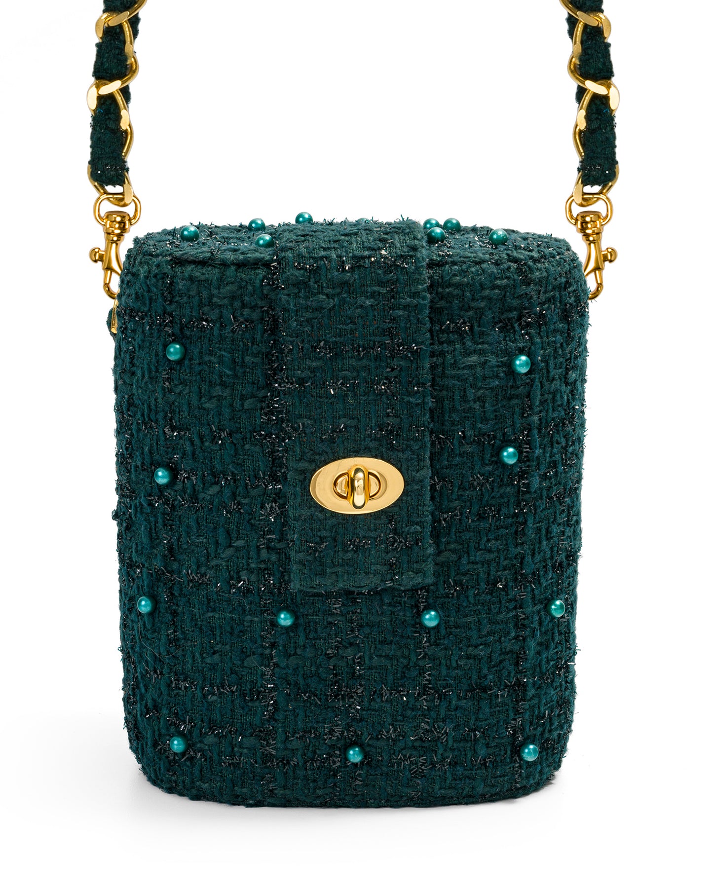 Bolso Baúl Tweed con Perlas en Verde Esmeralda