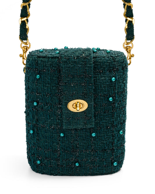 Bolso Baúl Tweed con Perlas en Verde Esmeralda