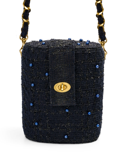 Bolso Baúl Tweed con Perlas en Azul Noche