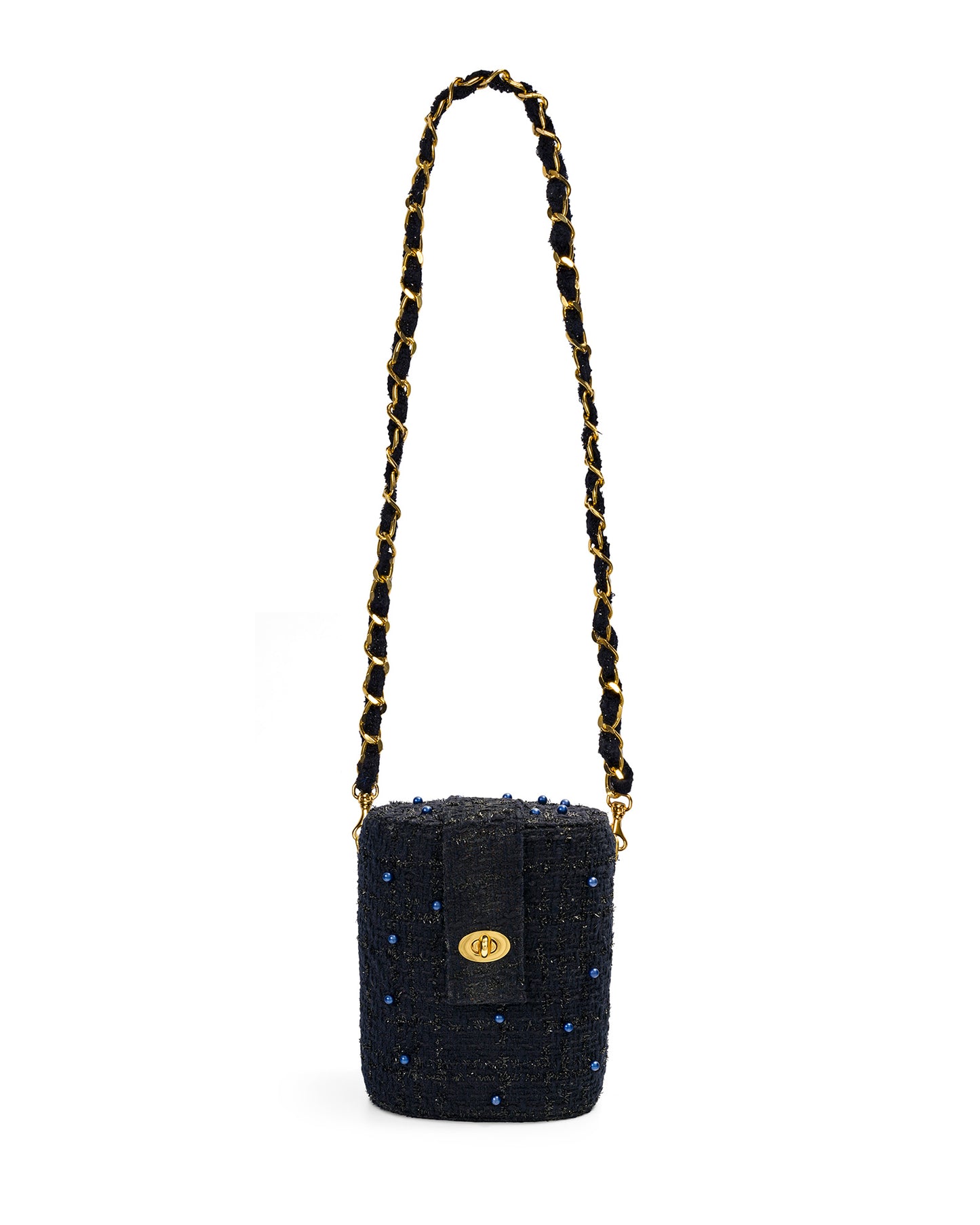 Trunk Bag in Navy Blue Tweed with Pearls