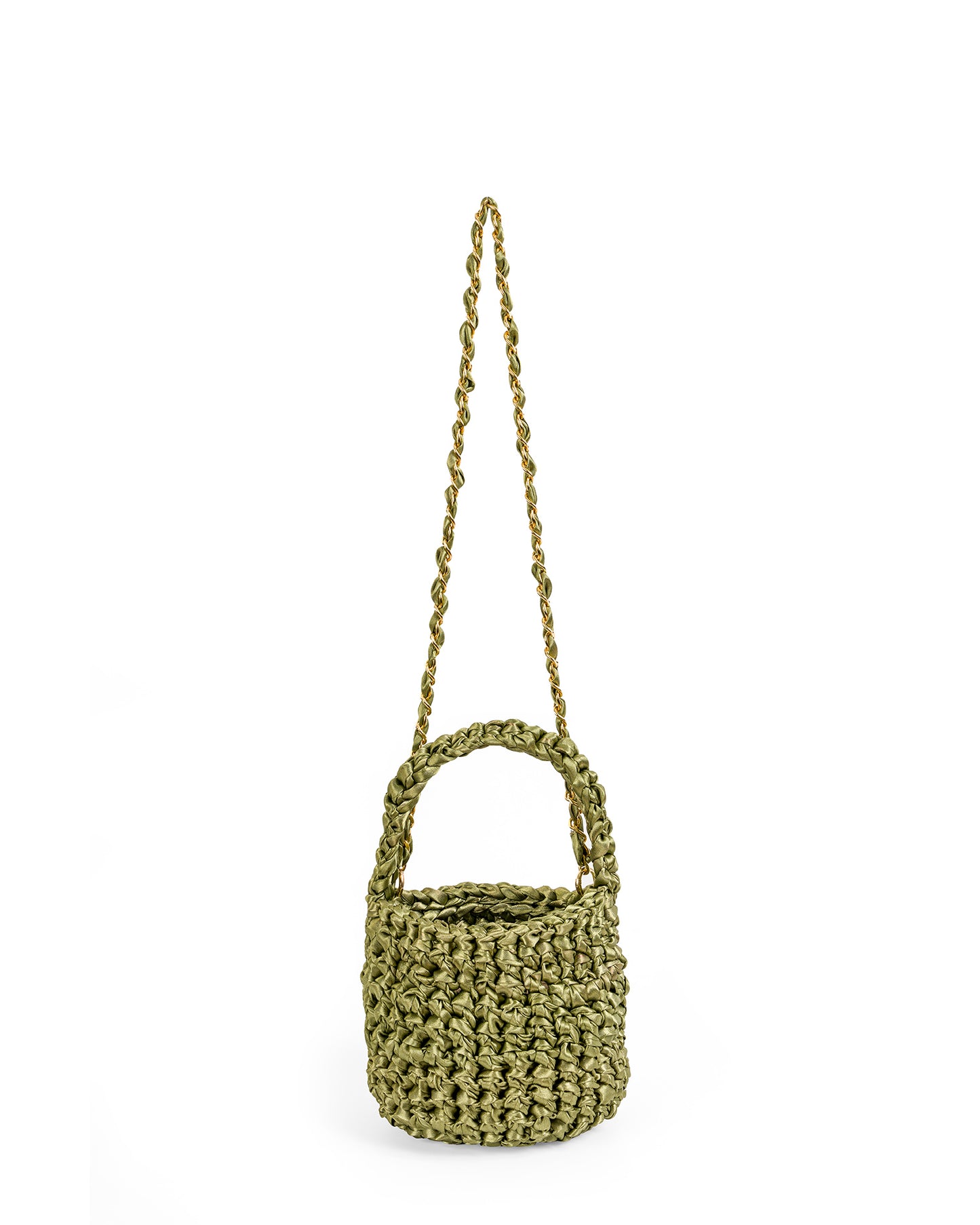 Short Woven Handle and Chain Bag in Olive Green